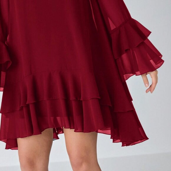 Burgundy Elegant Women's Stand Collar Long Sleeve flowy Short ruffled hem Dress - Picture 8 of 8